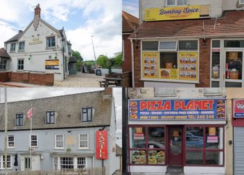 Selection of UK restaurants and takeaways, showcasing The Plough, Bombay Spice, Castle, Pizza Planet and AF chicken shops