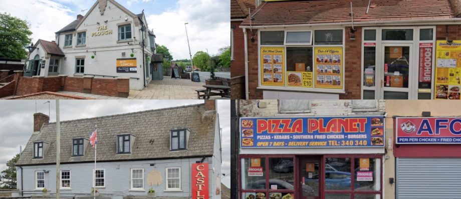 Selection of UK restaurants and takeaways, showcasing The Plough, Bombay Spice, Castle, Pizza Planet and AF chicken shops