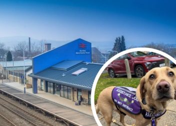 Burnley Manchester Road station with assistance dog in focus, wearing a purple vest indicating her job role