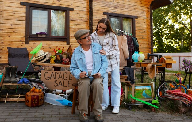 A couple poses in front of a house displaying a "For Sale" sign, both appearing happy and engaged