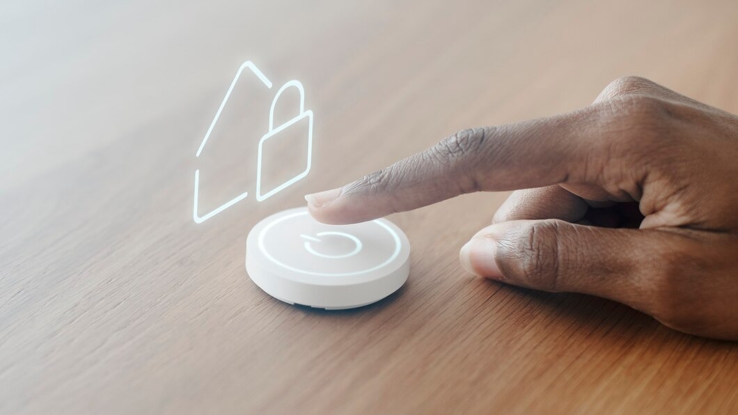 A hand activating a button with a house symbol, representing home-related functions or services