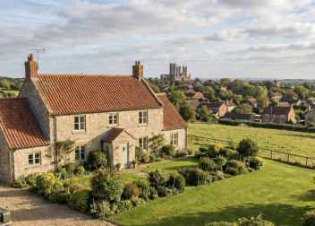 Idyllic country house with red roof, lush garden and distant village view in sunny rural England landscape Waddington