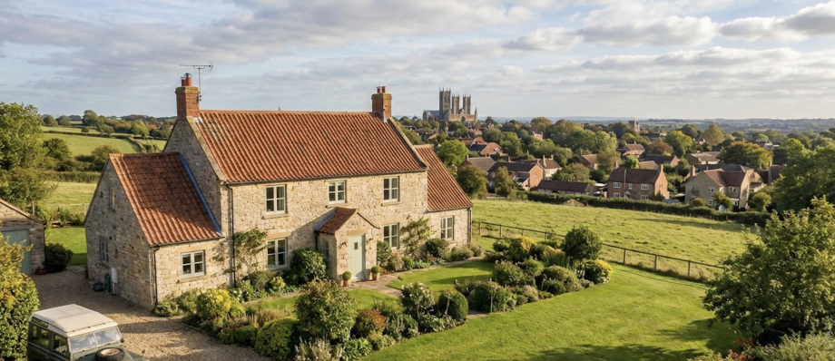 Idyllic country house with red roof, lush garden and distant village view in sunny rural England landscape Waddington