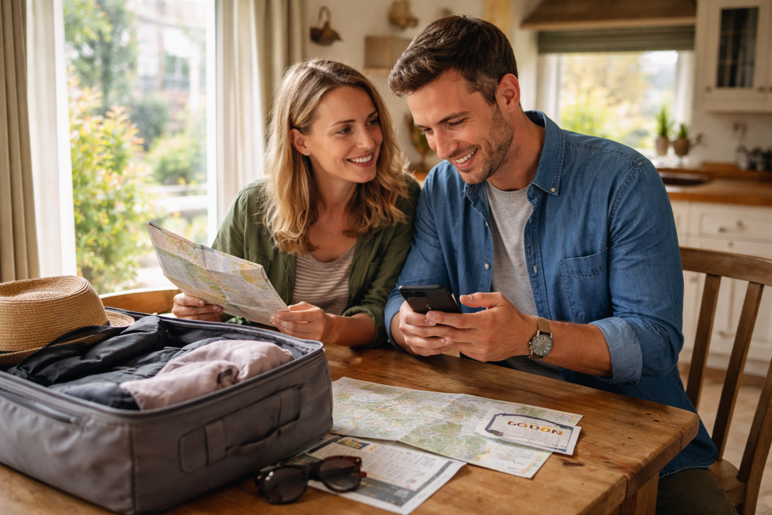 Two travelers examining a map, engaged in planning their journey together