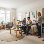 A couple and their young son are sitting together on a couch in a cozy living room, smiling and enjoying each other's company