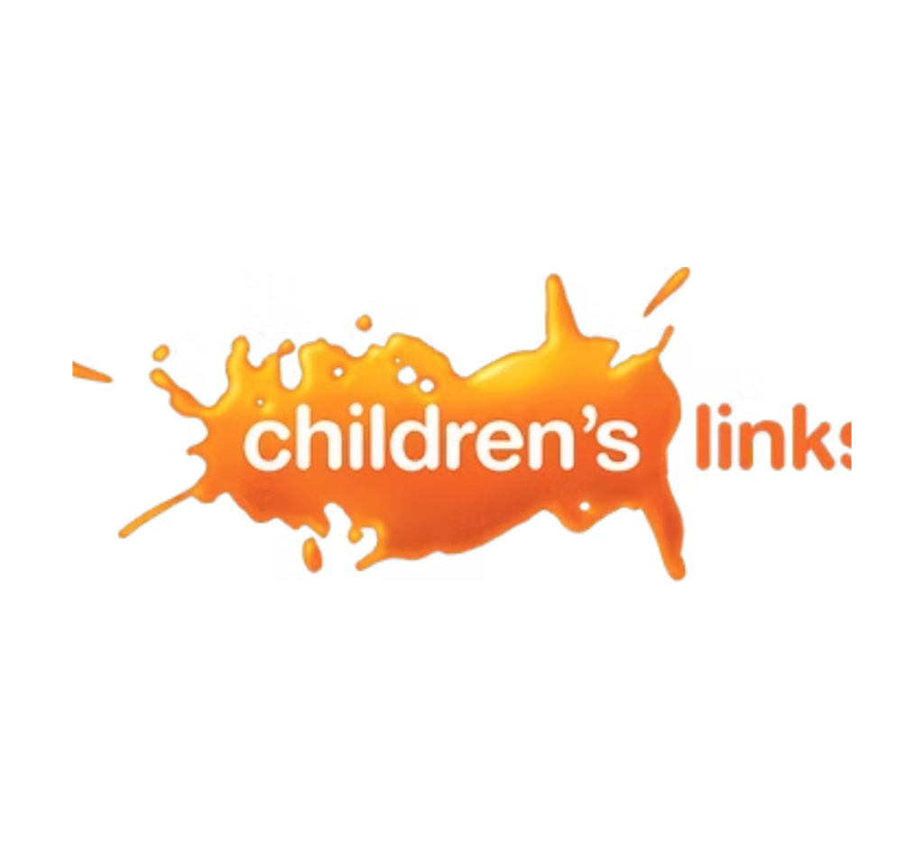 Orange splash logo with the text children's links in a playful font, symbolising creativity and connection for kids