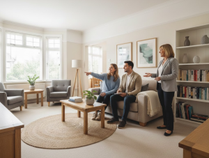 A couple and their young son are sitting together on a couch in a cosy living room, smiling and enjoying each other's company