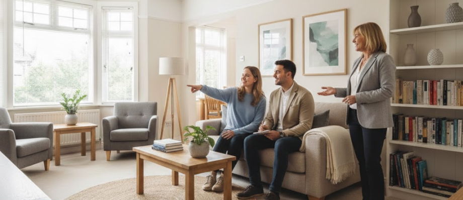 A couple and their young son are sitting together on a couch in a cosy living room, smiling and enjoying each other's company