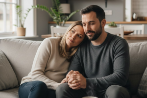 Happy couple relaxing on a cosy sofa in a modern living room with books and plants in the background
