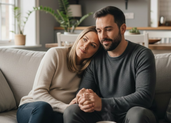 Happy couple relaxing on a cosy sofa in a modern living room with books and plants in the background