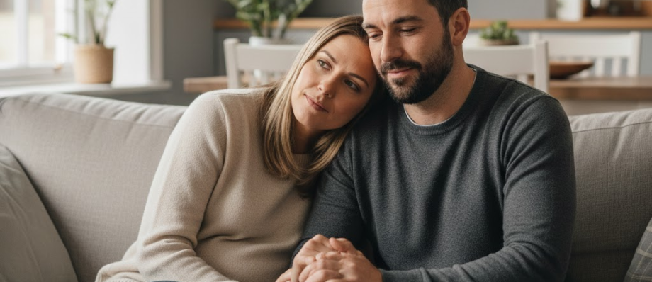 Happy couple relaxing on a cosy sofa in a modern living room with books and plants in the background