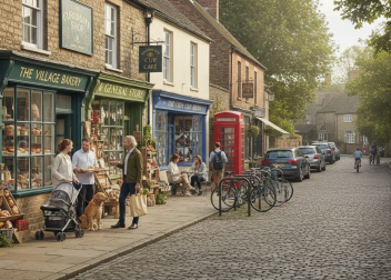 Quaint British village street with shops, red phone box, cyclists, and people enjoying a sunny day in a charming setting