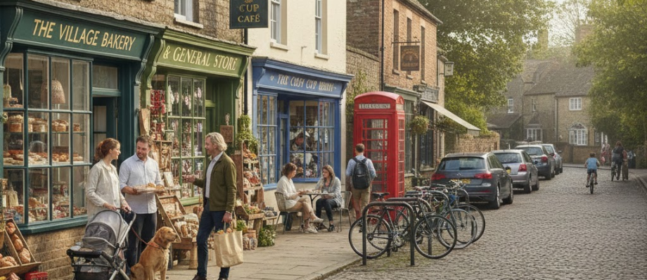 Quaint British village street with shops, red phone box, cyclists, and people enjoying a sunny day in a charming setting