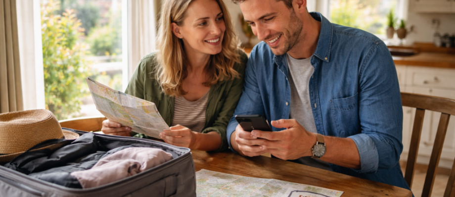 Two travelers examining a map, engaged in planning their journey together