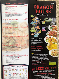 Chinese takeaway menu for Dragon House featuring special set meals and contact information for delivery service