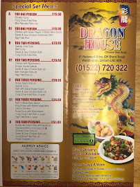 Dragon House Chinese takeaway menu featuring special set meals and allergy advice in Lincoln, UK