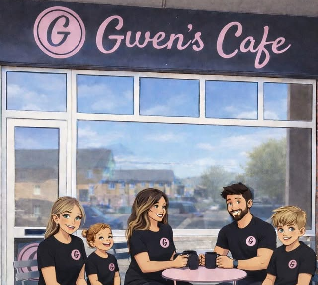 Family enjoying coffee at Gwen's Café, wearing matching shirts, in front of café window, animated style illustration