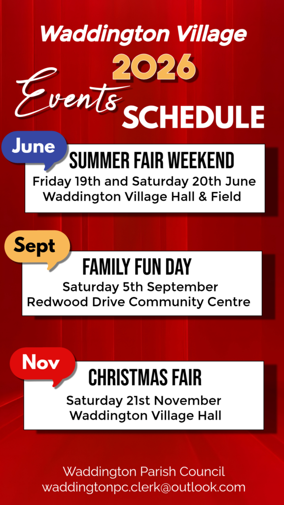 Waddington Village 2026 Events Schedule, featuring Summer Fair, Family Fun Day, and Christmas Fair events dates