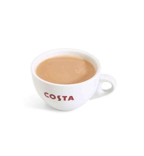 White cup of coffee with creamy texture and handle, featuring Costa logo on side
