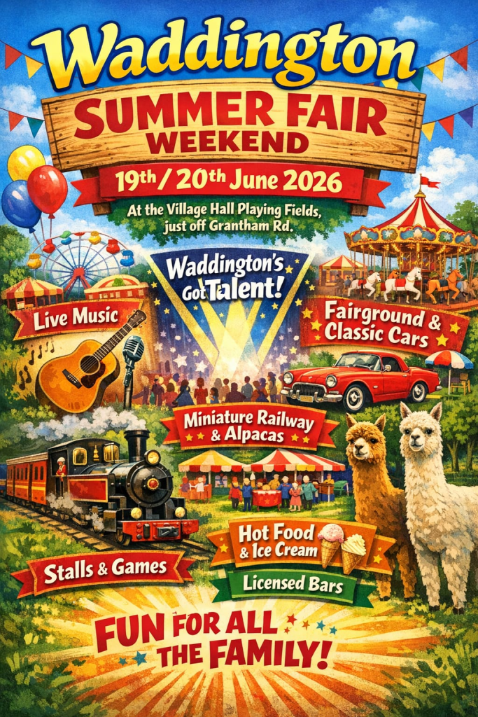 Waddington Summer Fair 2026 poster: live music, fairground, alpacas, food, games, family fun at village fields, UK