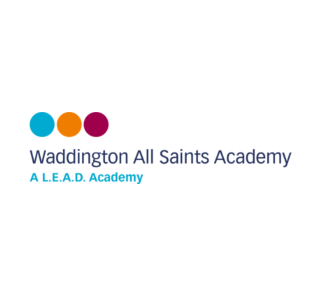 Logo of Waddington All Saints Academy, part of the L.E.A.D Academy Trust, with three coloured circles above its name