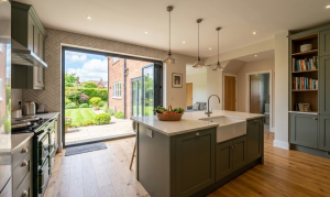 Modern kitchen with green cabinets, central island, garden view through open doors, wooden floor, stylish decor