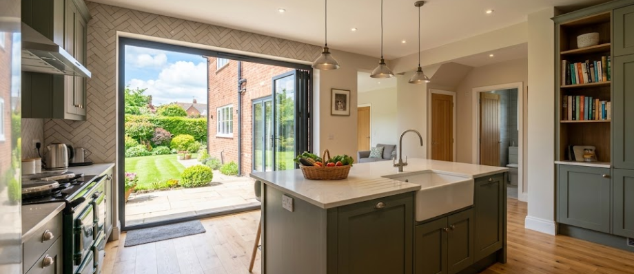 Modern kitchen with green cabinets, central island, garden view through open doors, wooden floor, stylish decor