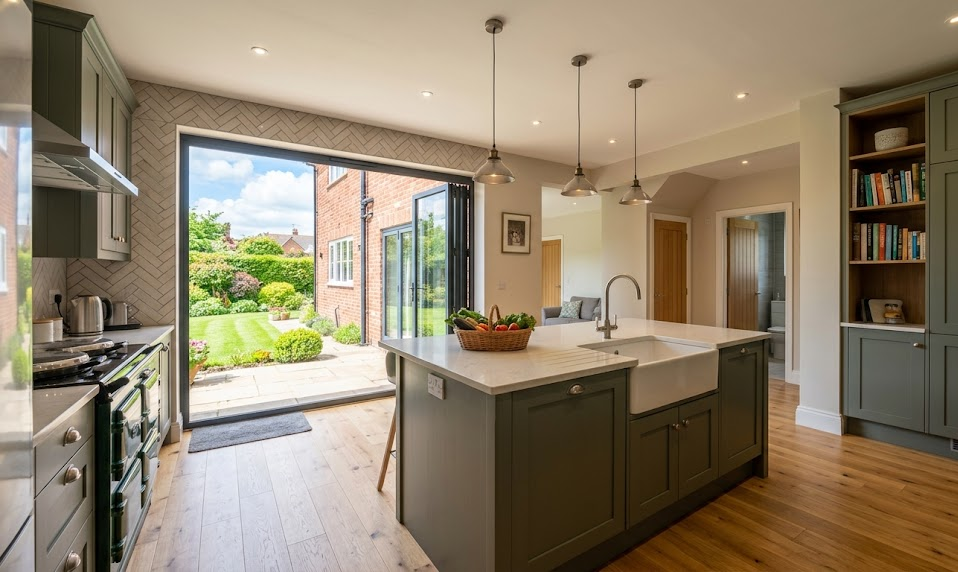 Modern kitchen with island, rustic cabinets, and bi-fold doors leading to a lush garden view
