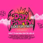 Pink Elder Emo Day Party flyer featuring bands like Green Day and My Chemical Romance, 25+ daytime clubbing event