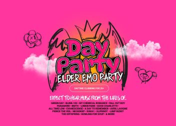 Pink Elder Emo Day Party flyer featuring bands like Green Day and My Chemical Romance, 25+ daytime clubbing event