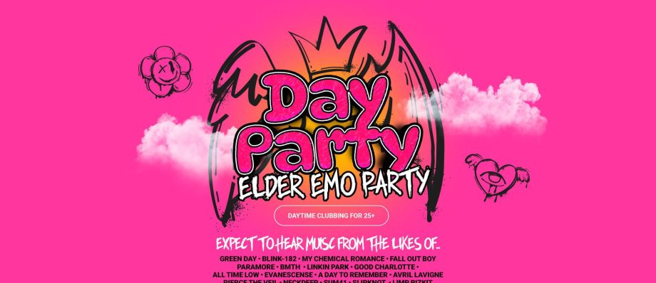 Pink Elder Emo Day Party flyer featuring bands like Green Day and My Chemical Romance, 25+ daytime clubbing event