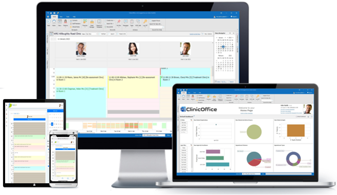 Clinic management software displayed on multiple devices: desktop, laptop, tablet, and smartphone for seamless scheduling