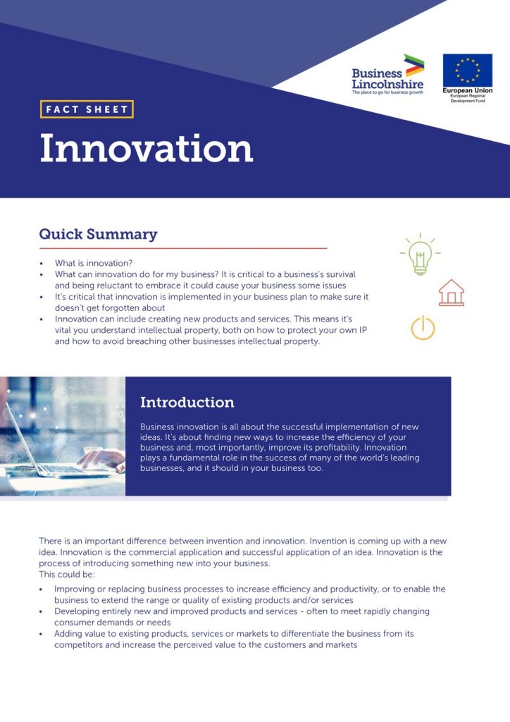 Business Lincolnshire innovation fact sheet on implementing new ideas for business growth and improving efficiency