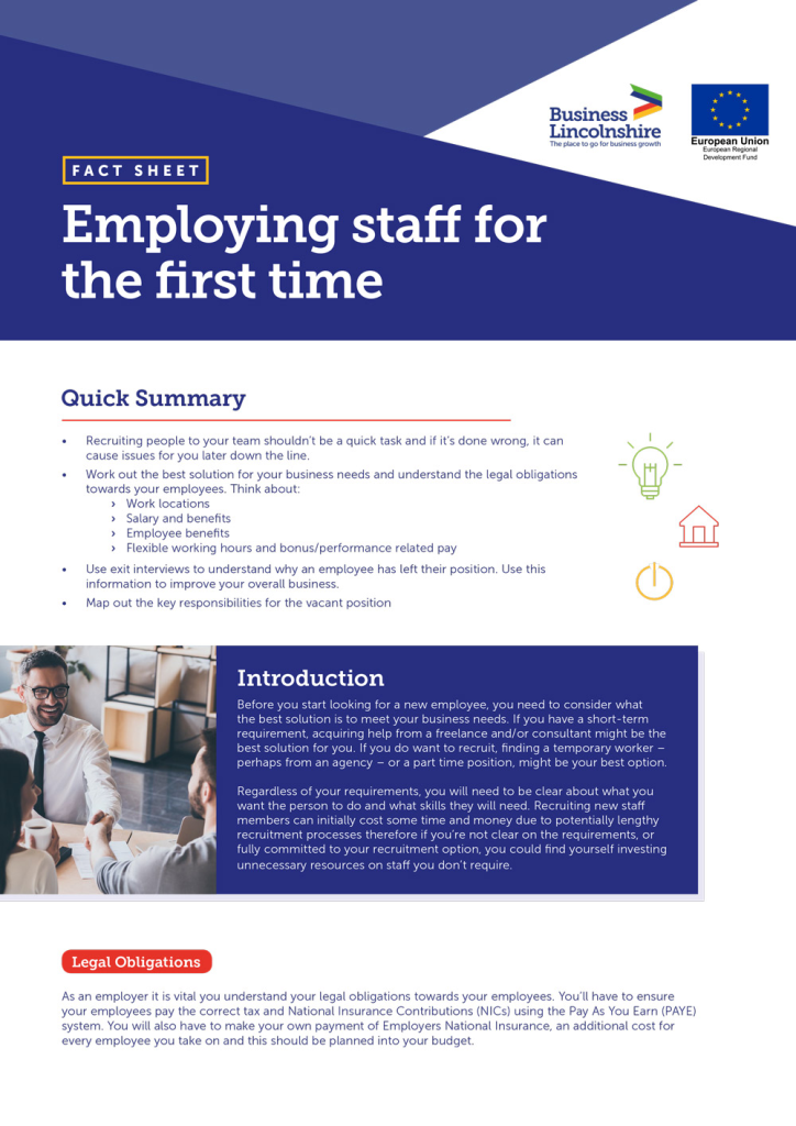 Fact sheet on employing staff for the first time, covering legal obligations and recruitment strategies