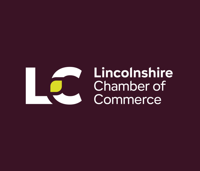 Logo of Lincolnshire Chamber of Commerce with initials 'LC' on a maroon background, featuring a green leaf design