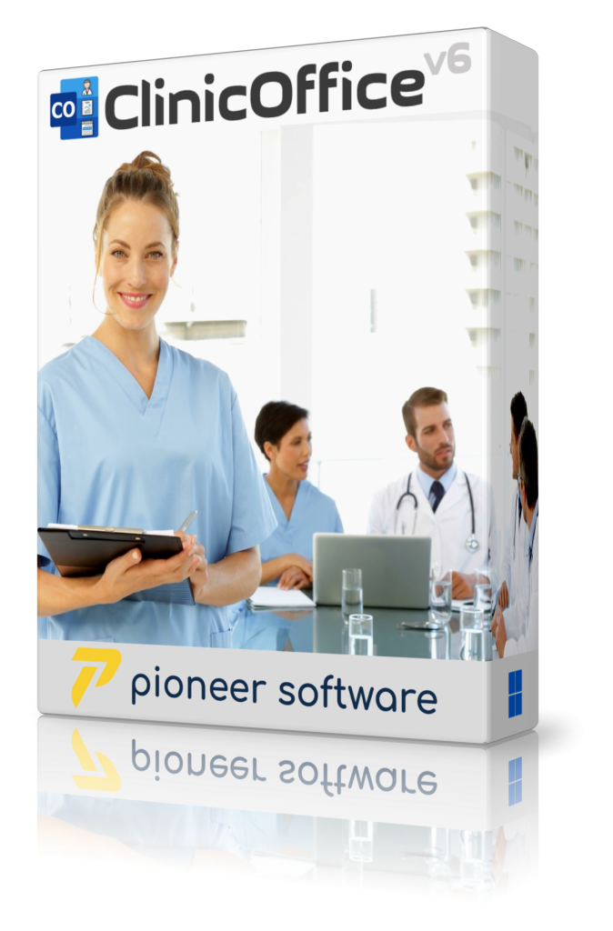 ClinicOffice v6 software by Pioneer Software, showcasing a smiling nurse with clipboard and medical team meeting in background