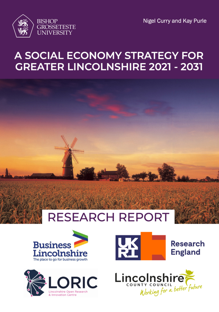Research report cover on Lincolnshire's social economy strategy 2021-2031 with windmill and partnership logos