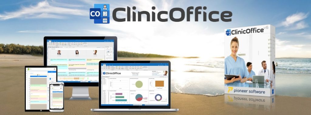 ClinicOffice software interface on multiple devices against a scenic beach background, showcasing healthcare management solutions