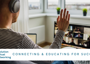 Person in headphones attending virtual networking event from home office, engaging in online meeting with peers