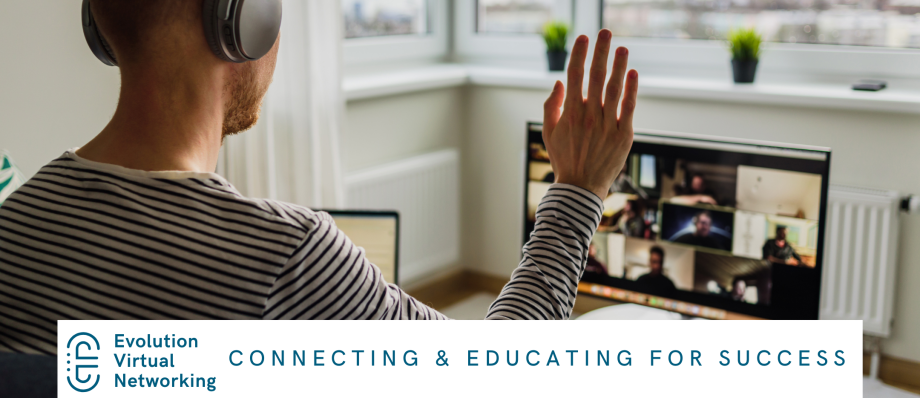 Person in headphones attending virtual networking event from home office, engaging in online meeting with peers