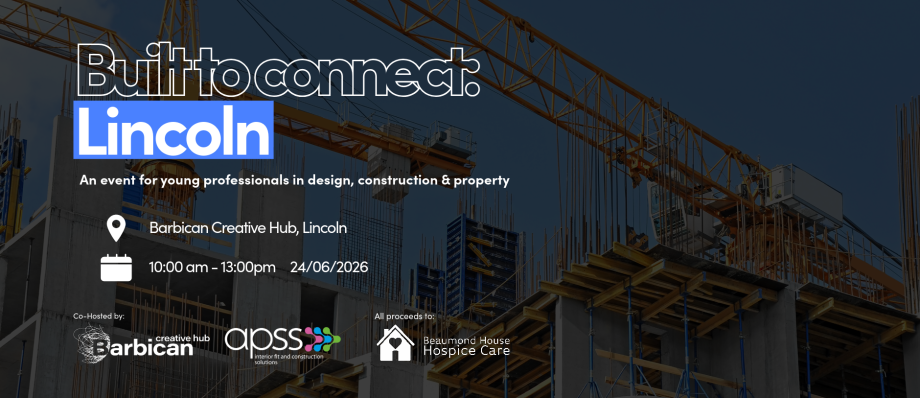 Built to Connect event poster for young professionals in design, construction, property, Lincoln 24/06/2026