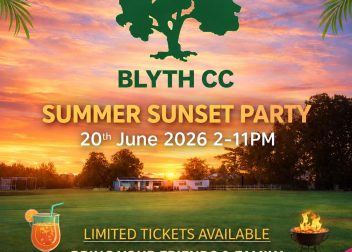 Blyth CC Summer Sunset Party poster with date and time details, surrounded by tropical and festive elements