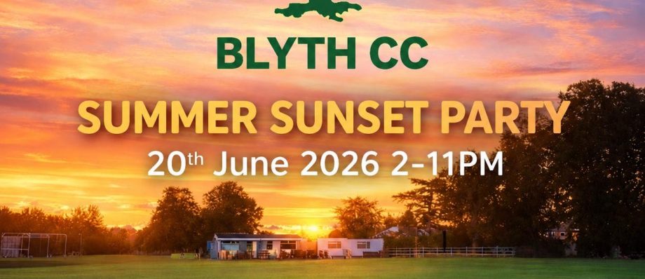 Blyth CC Summer Sunset Party poster with date and time details, surrounded by tropical and festive elements