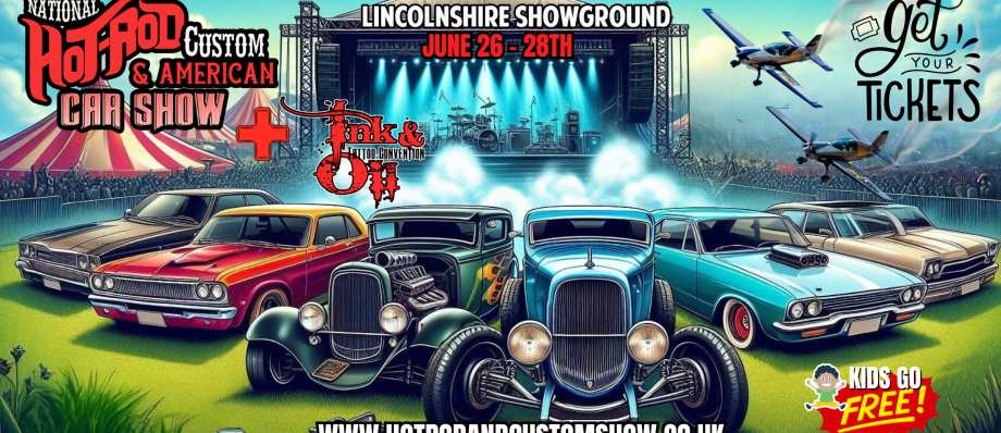 Hot Rod and Custom Car Show at Lincolnshire Showground, June 26-28, featuring classic cars, live music, and family fun