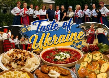 People in traditional Ukrainian attire with dishes like borscht and dumplings, celebrating Taste of Ukraine event.