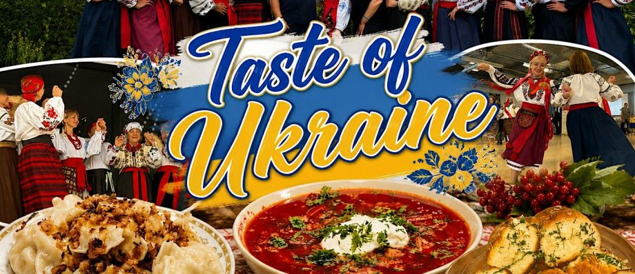 People in traditional Ukrainian attire with dishes like borscht and dumplings, celebrating Taste of Ukraine event.