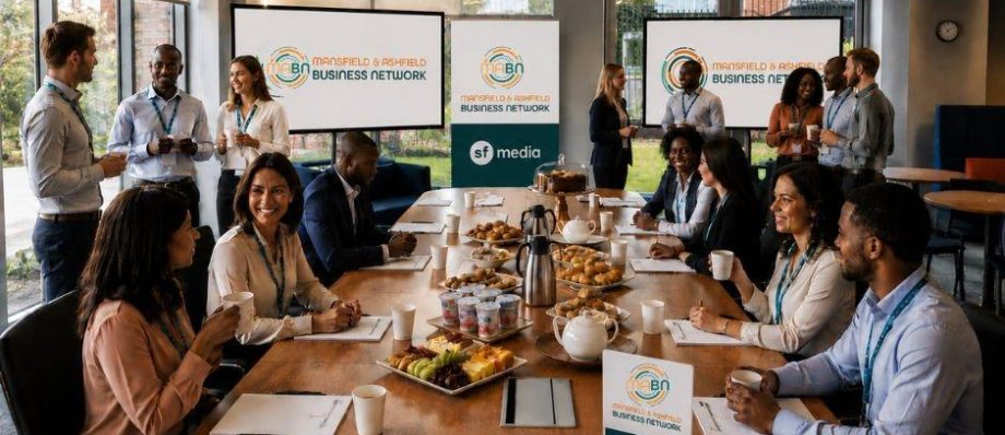 Professionals networking at Mansfield & Ashfield Business Network meeting with snacks and presentations in a conference room
