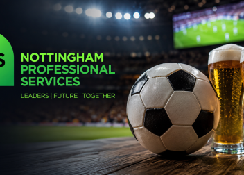 NPS logo with football and beer glasses in a stadium, motto: Leaders Future Together, Nottingham Professional Services