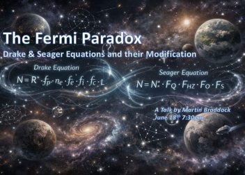 Space-themed poster on the Fermi Paradox highlighting Drake and Seager Equations for a talk by Martin Braddock