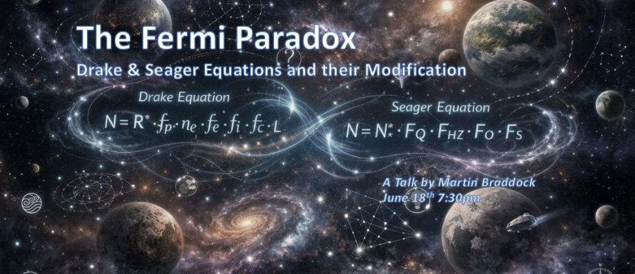 Space-themed poster on the Fermi Paradox highlighting Drake and Seager Equations for a talk by Martin Braddock